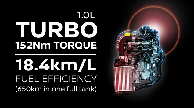 Nissan Almera Petaling Jaya - Gambar menunjukkan Enjin Nissan Almera dengan 1.0L Turbo dengan 152Nm Torque dan kecekapan bahan api 18.4km/L.
